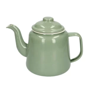 Groene theepot uit emaille, groengrijs, 1.5 liter, op houten tafel